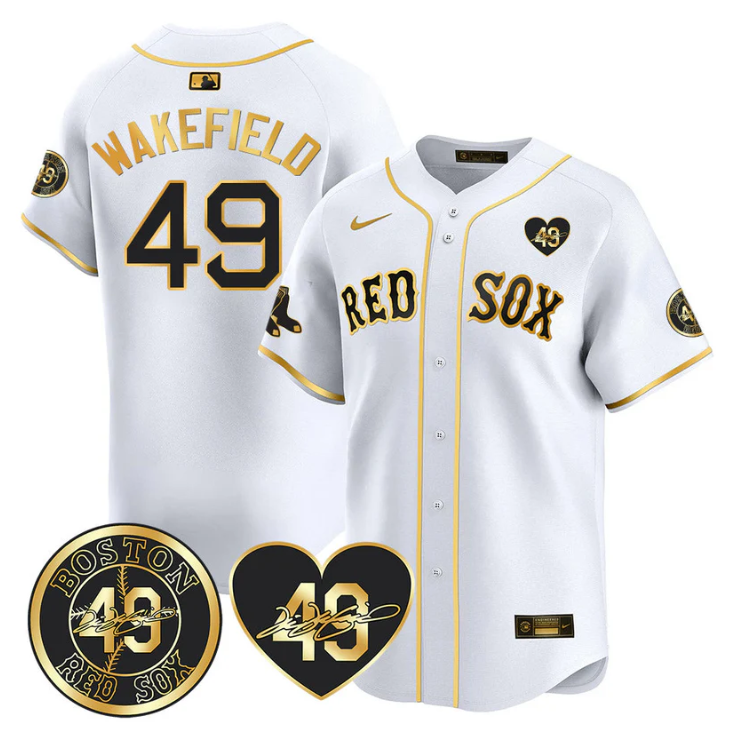Tim Wakefield Jersey #49 Boston Red Sox Tim Wakefield Memorial Patch Stitched White Gold