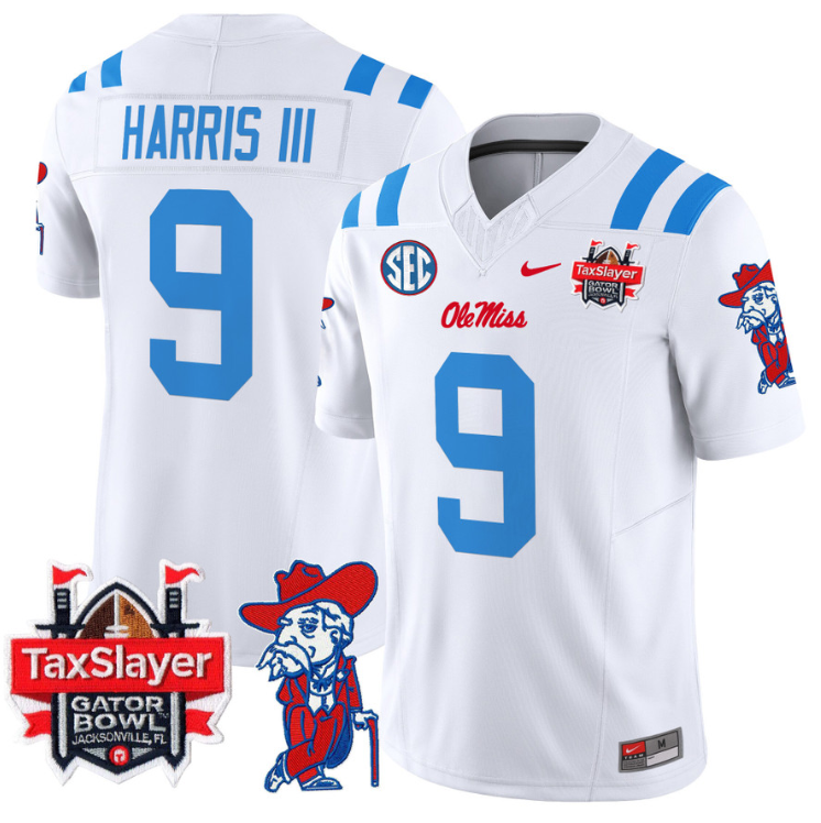Tre Harris Jersey #9 Ole Miss Rebels 2025 Gator Bowl Patch 2024 White