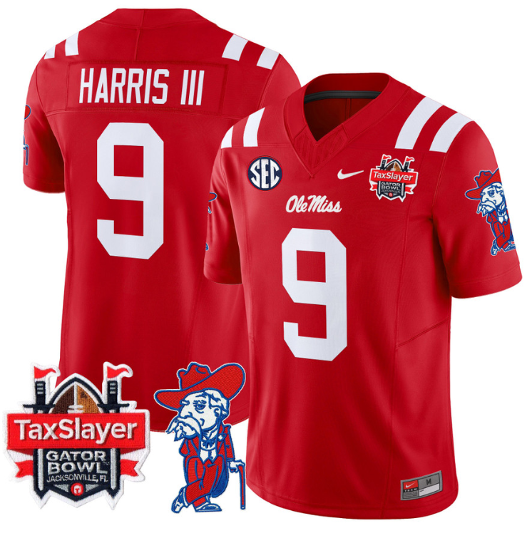 Tre Harris Jersey #9 Ole Miss Rebels 2025 Gator Bowl Patch Red