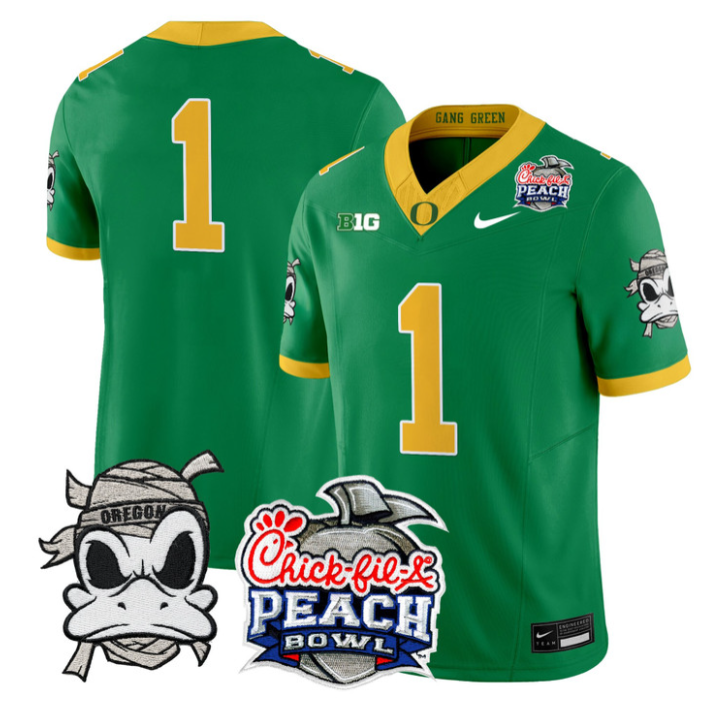 Team Jersey #1 Oregon Ducks Mummy Duck 2026 Peach Bowl Patch Stitched Green