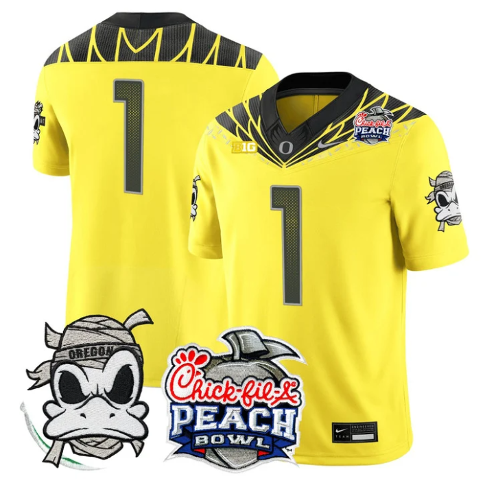 Team Jersey #1 Oregon Ducks Mummy Duck 2026 Peach Bowl Patch Stitched Yellow