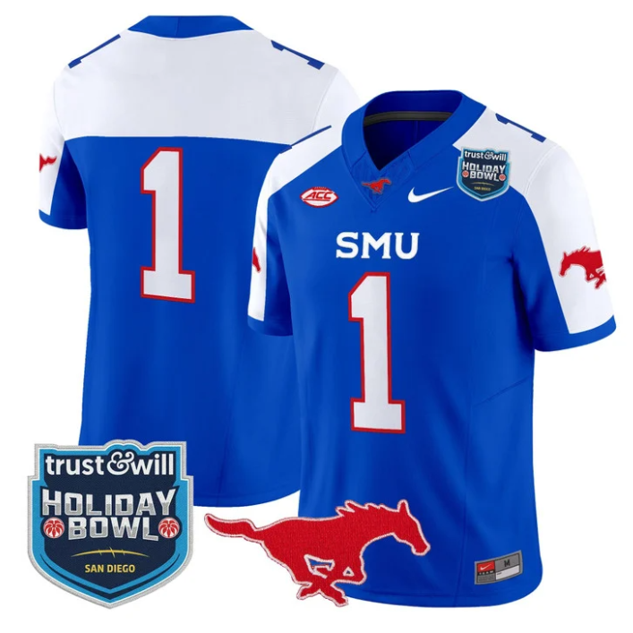 Team Jersey #1 SMU Mustangs 2026 Holiday Bowl Patch Vapor Stitched Blue Alternate