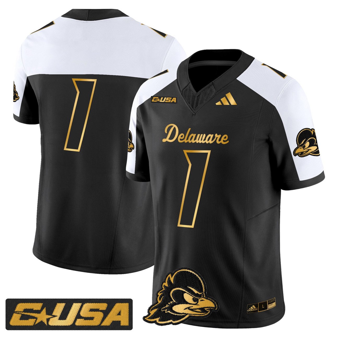 Team Jersey #1 Delaware Blue Hens 2025 Gold Vapor Limited Stitched