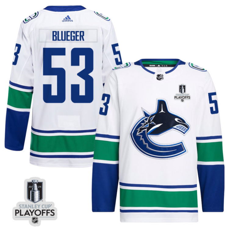 Teddy Blueger 53 Vancouver Canucks 2024 NHL Playoffs Patch Away Jersey - Men, White