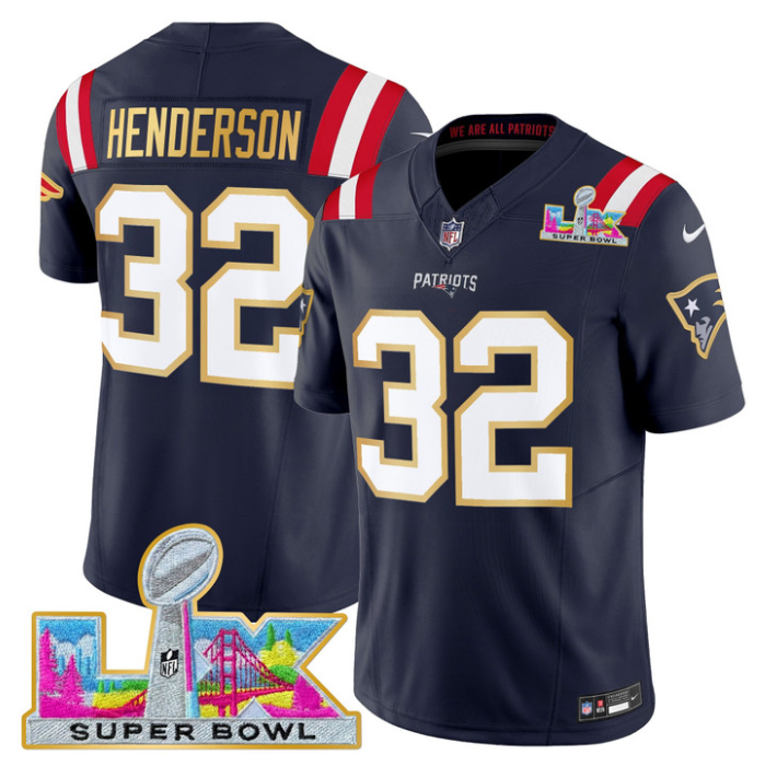 TreVeyon Henderson Jersey #32 Patriots Super Bowl LX Gold Trim Stitched