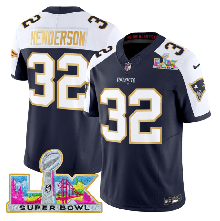 TreVeyon Henderson Jersey #32 Patriots Super Bowl LX Gold Trim Stitched