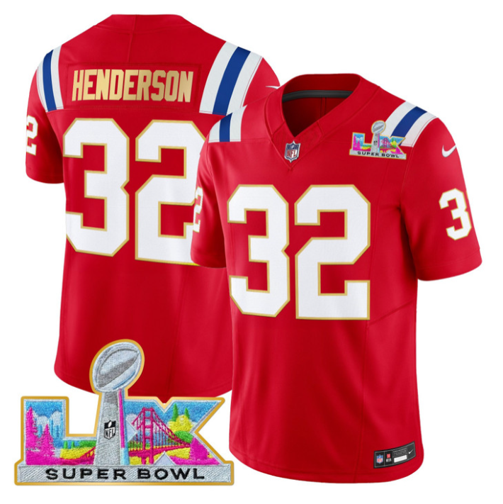 TreVeyon Henderson Jersey #32 Patriots Super Bowl LX Gold Trim Stitched