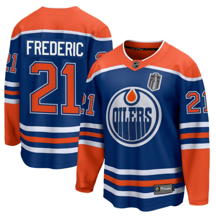 Trent Frederic 21 Edmonton Oilers 2025 Stanley Cup Final Home Breakaway Men Jersey Royal
