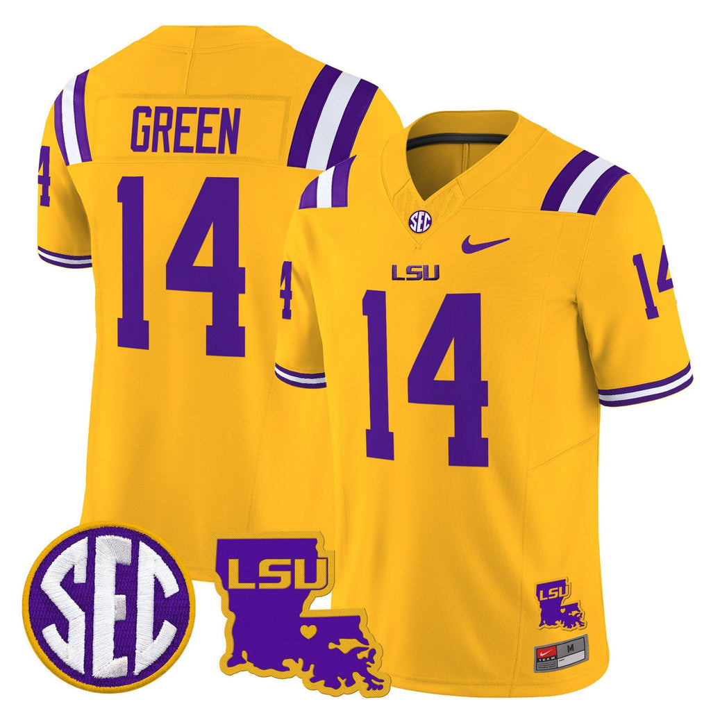Trey'Dez Green Jersey #14 LSU Tigers 2025 Louisiana Patch Stitched Gold