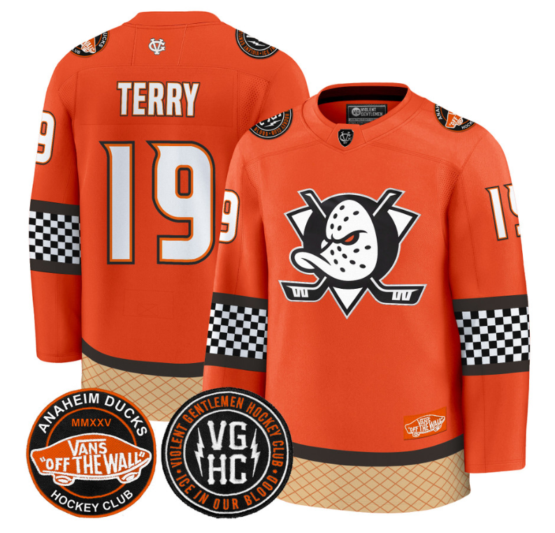 Troy Terry Jersey #19 Anaheim Ducks Checkerboard 2025 Premium Stitched Orange