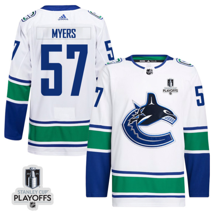 Tyler Myers 57 Vancouver Canucks 2024 NHL Playoffs Patch Away Jersey - Men, White (Copy)