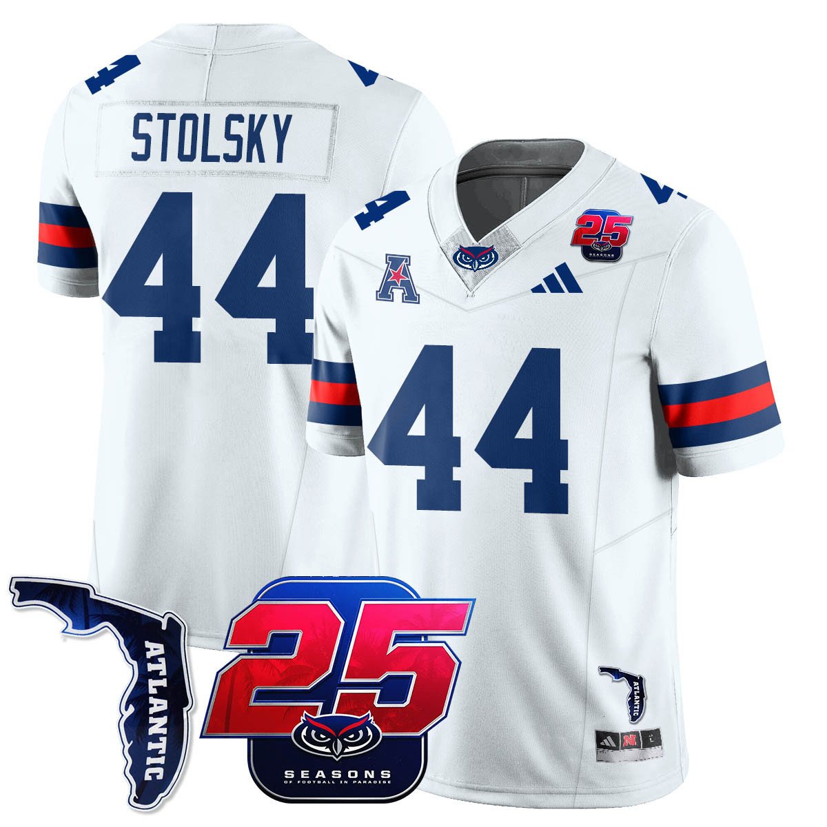 Tyler Stolsky Jersey #44 Florida Atlantic Football 25th Season Stitched White