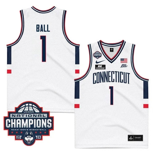 UConn Huskies #1 Solomon Ball Jersey 2024 National Champions Patch White Stiched