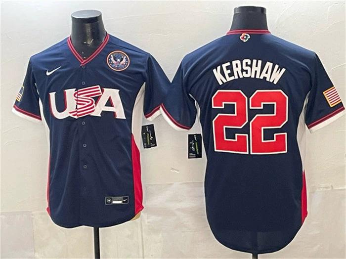 USA Baseball #22 Clayton Kershaw Jersey Navy 2026 World Baseball Classic United States 250th Anniversary Patch Road Stadium Stitched