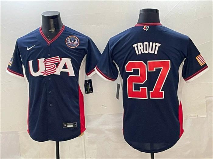 USA Baseball #27 Mike Trout Jersey Navy 2026 World Baseball Classic United States 250th Anniversary Patch Road Stadium Stitched