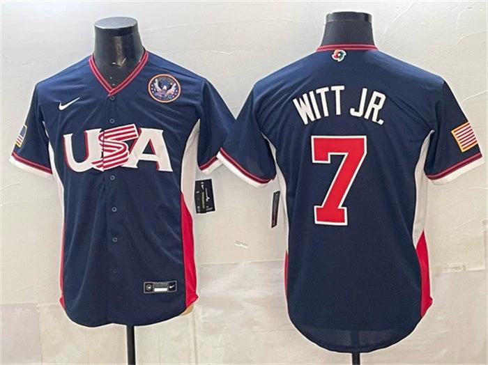 USA Baseball #7 Bobby Witt Jr. Jersey Navy 2026 World Baseball Classic United States 250th Anniversary Patch Road Stadium Stitched