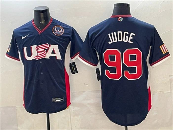 USA Baseball #99 Aaron Judge Jersey Navy 2026 World Baseball Classic United States 250th Anniversary Patch Road Stadium Stitched
