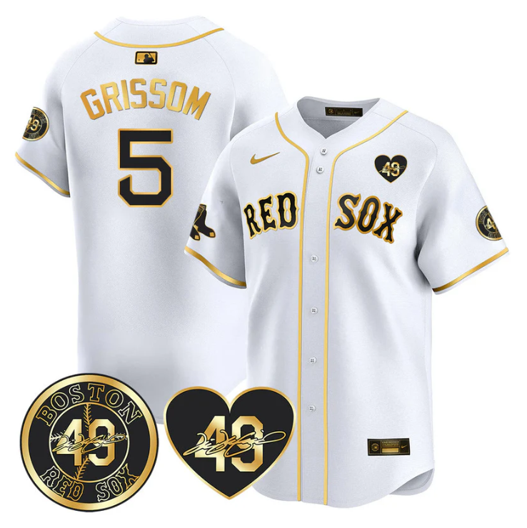 Vaughn Grissom Jersey #5 Boston Red Sox Tim Wakefield Memorial Patch Stitched White Gold