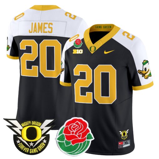 Jordan James Jersey #20 Oregon Ducks 2025 Rose Bowl Game Patch Vapor Black Alternate