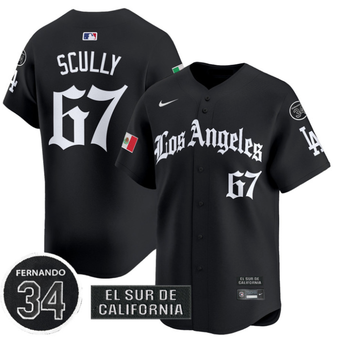 Vin Scully Jersey #67 Dodgers Mexico 2025 LA Gothic Style Patch Premier Limited Stitched Black