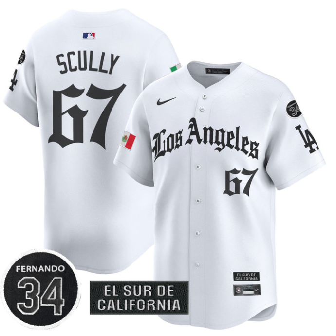Vin Scully Jersey #67 Dodgers Mexico 2025 LA Gothic Style Patch Premier Limited Stitched White