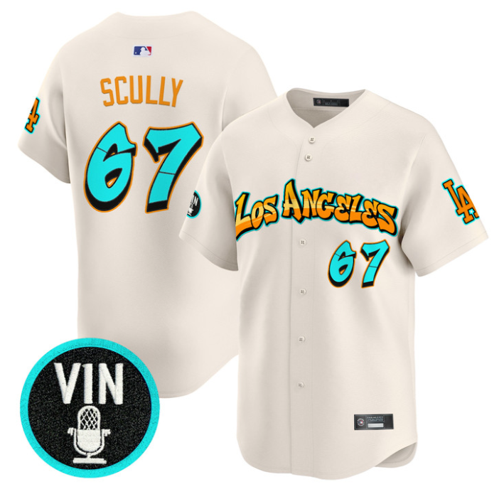 Vin Scully Jersey #67 Los Angeles Dodgers Graffiti Street Style Stitched Cream