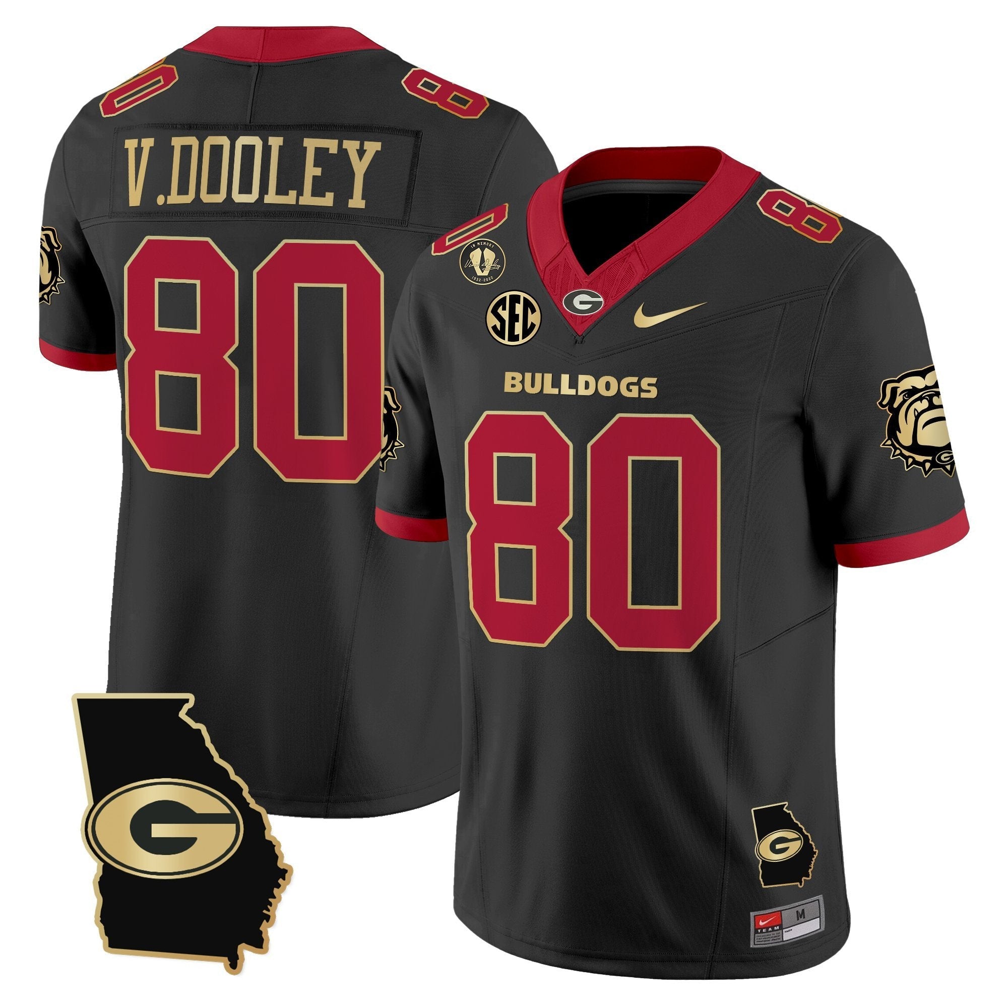 Vince Dooley Jersey #80 Georgia Bulldogs 2025 Georgia Map, Vince Dooley Stitched Black Gold Trim
