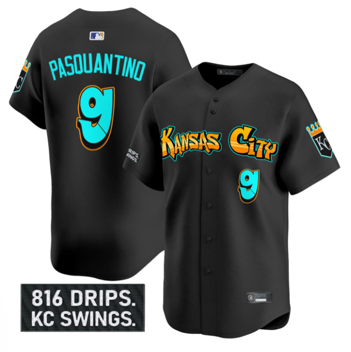 Vinnie Pasquantino Jersey #9 Kansas City Royals Graffiti Crown Drop Black