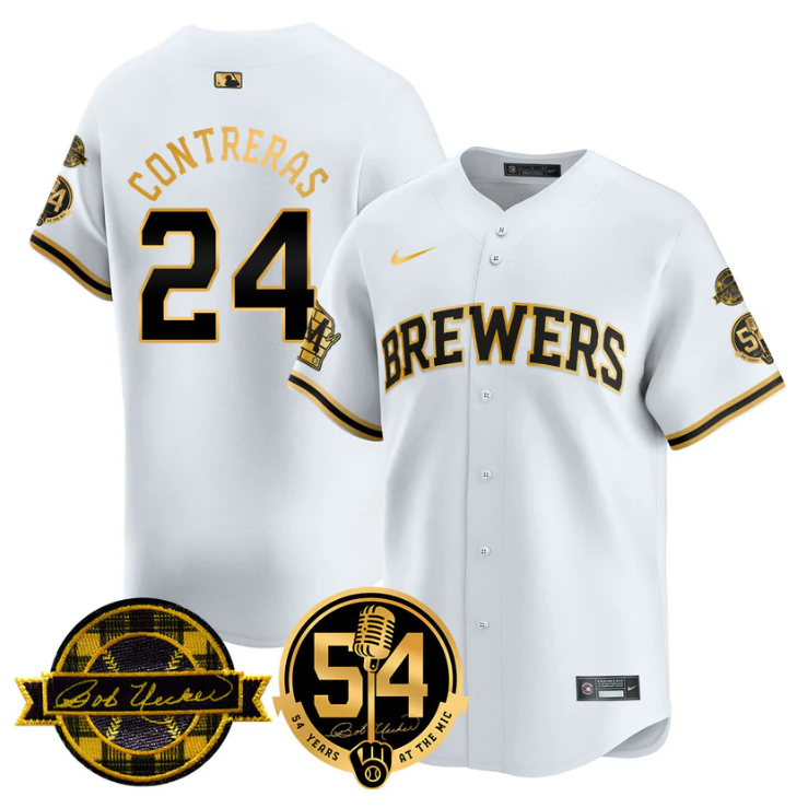 William Contreras Jersey #24 Milwaukee Brewers 2025 Bob Uecker, 54 Seasons for Brewers Stitched White Gold