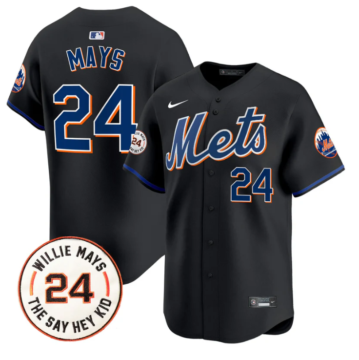 Willie Mays Jersey #24 New York Mets Willie Mays Patch Vapor Premier Limited Stitched Black