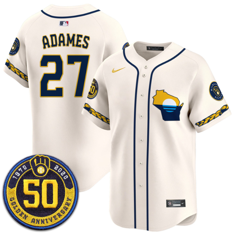 Willy Adames Jersey #27 Milwaukee Brewers Golden 50th Anniversary Patch Stitched Cream