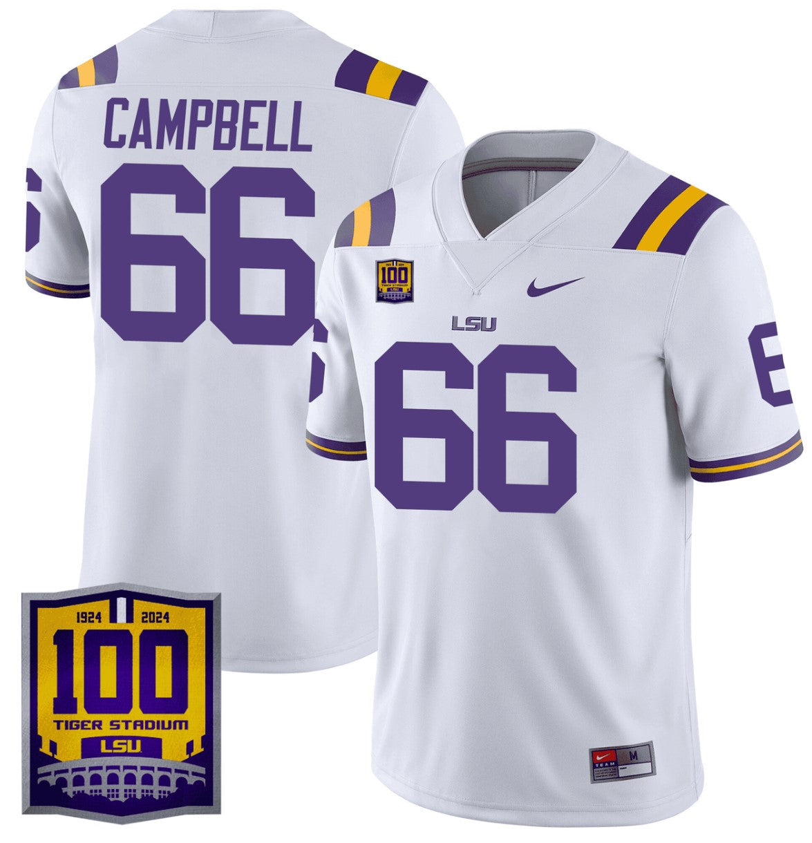 Will Campbell Jersey #66 LSU Tigers 100 Years of Tiger Stadium Patch White