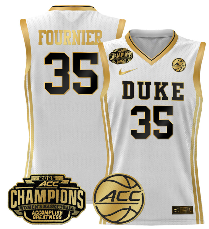 Women's Toby Fournier Jersey #35 Duke Blue Devils 2025 ACC Champions White Gold