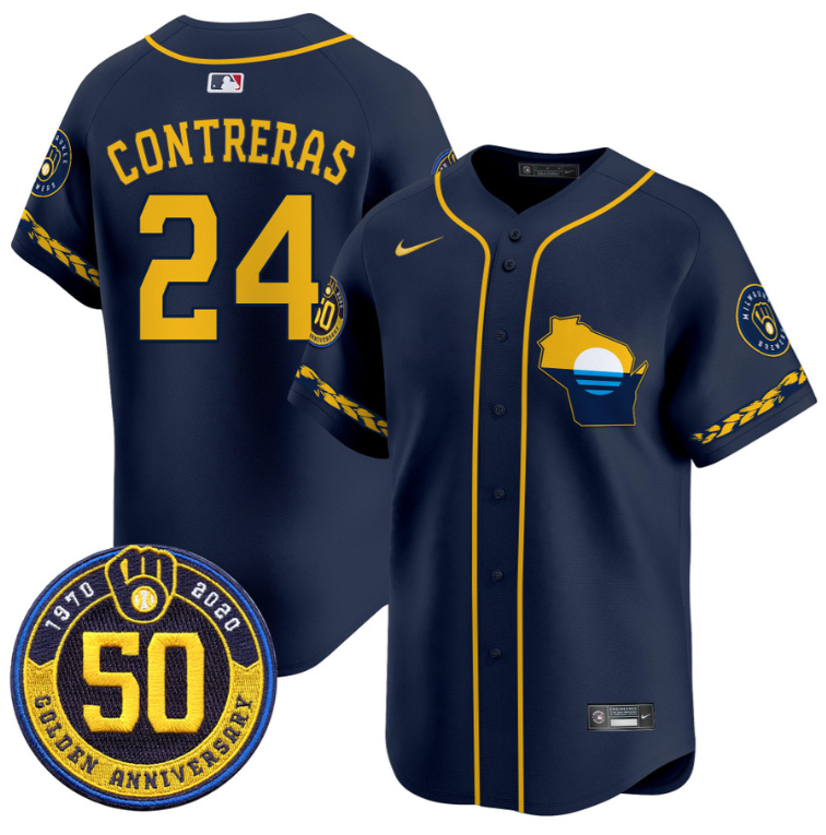 William Contreras Jersey #24 Milwaukee Brewers Golden 50th Anniversary Patch Stitched Navy