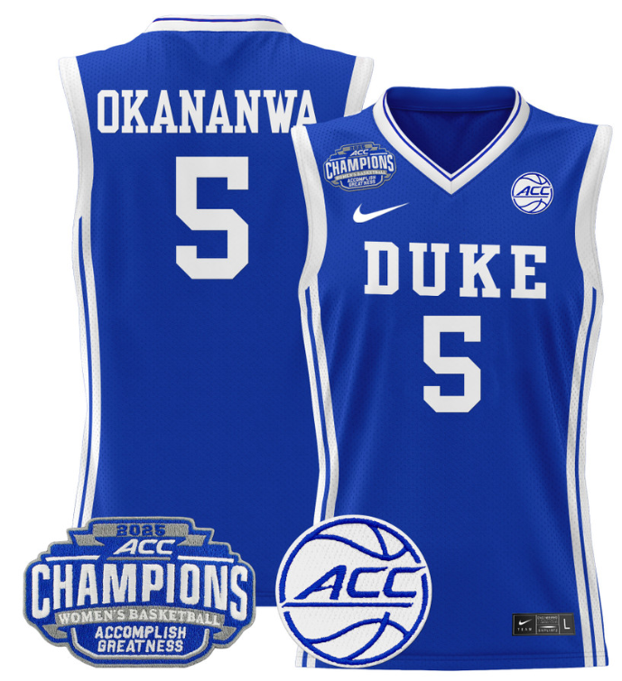 Women's Oluchi Okananwa Jersey #5 Duke Blue Devils 2025 ACC Champions Royal