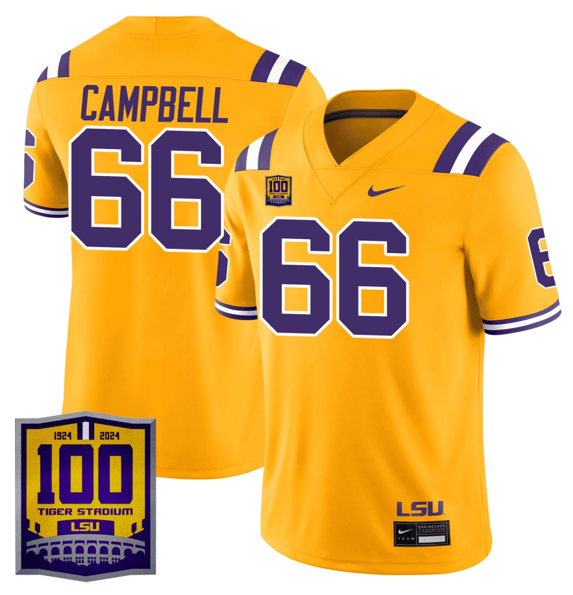 Will Campbell Jersey #66 LSU Tigers 100 Years of Tiger Stadium Patch Gold