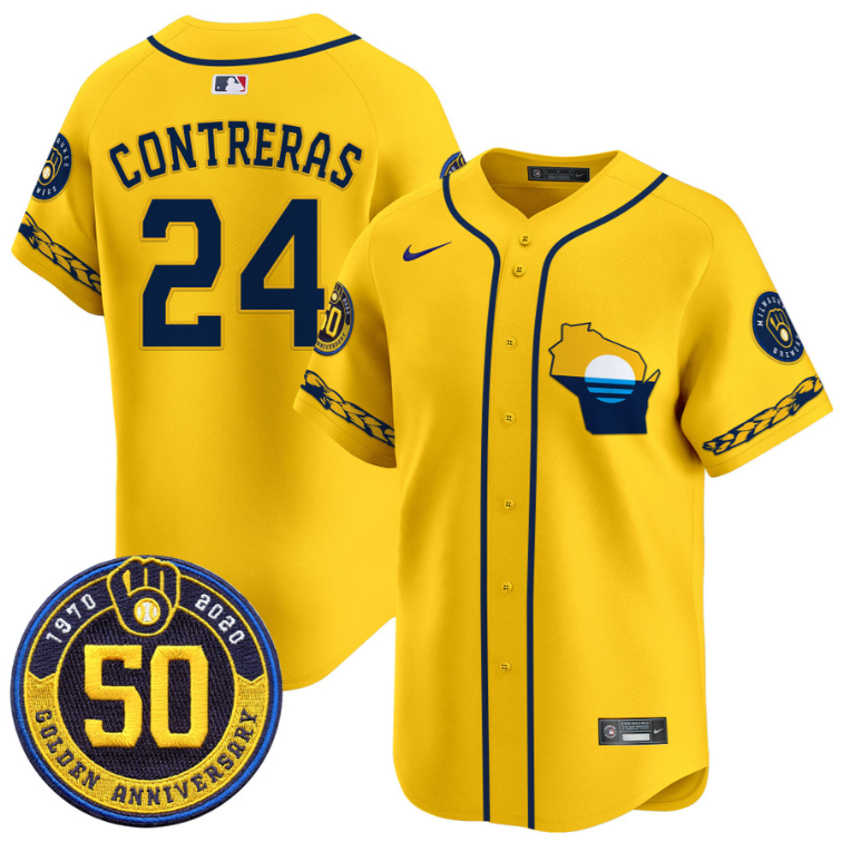 William Contreras Jersey #24 Milwaukee Brewers Golden 50th Anniversary Patch Stitched Gold