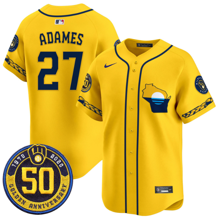 Willy Adames Jersey #27 Milwaukee Brewers Golden 50th Anniversary Patch Stitched Gold