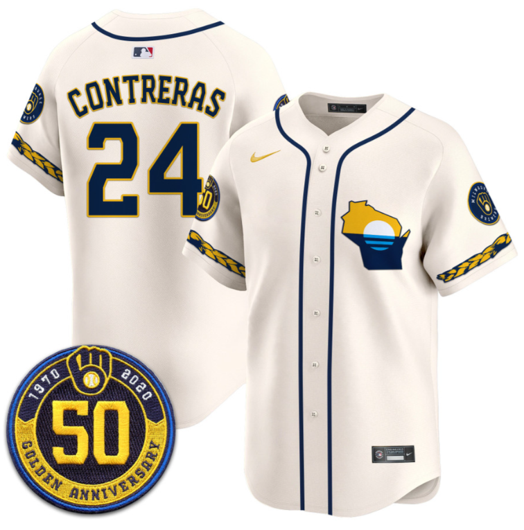 William Contreras Jersey #24 Milwaukee Brewers Golden 50th Anniversary Patch Stitched Cream