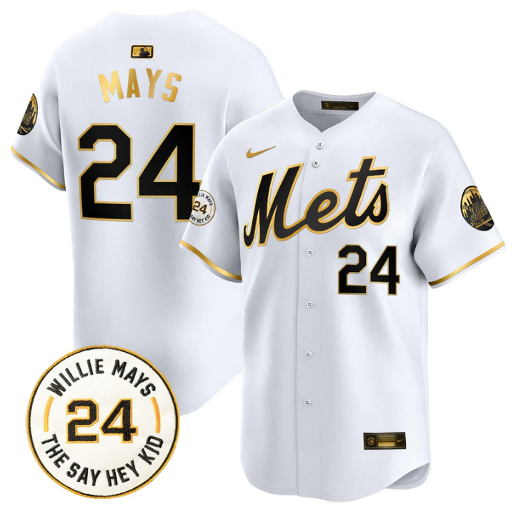 Willie Mays Jersey #24 New York Mets Willie Mays Patch Vapor Premier Limited Stitched White Gold