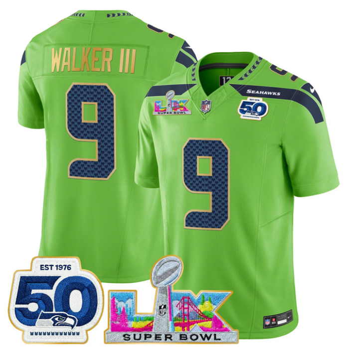 Walker III Jersey #9 Super Bowl LX & 50th Patch Gold Trim Stitched