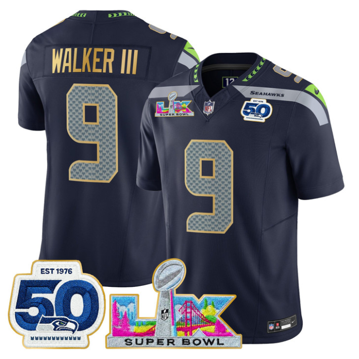 Walker III Jersey #9 Super Bowl LX & 50th Patch Gold Trim Stitched