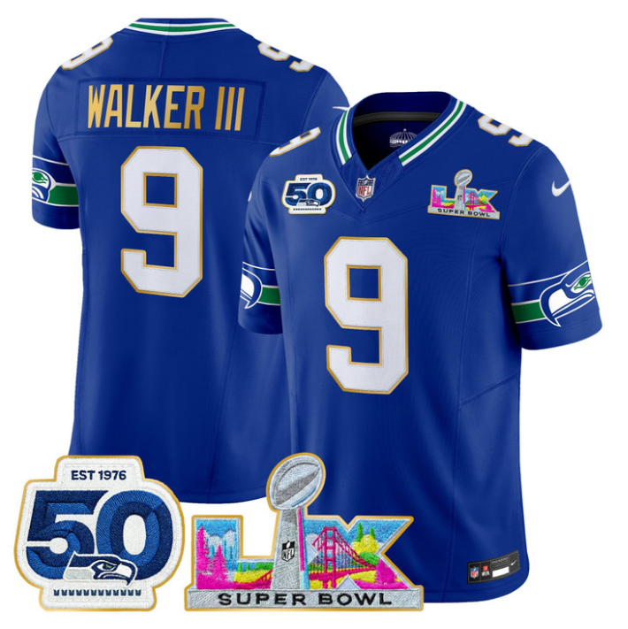 Walker III Jersey #9 Super Bowl LX & 50th Patch Gold Trim Stitched