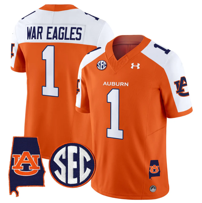 War Eagles Jersey #1 Auburn Tigers 2025 Alabama Patch Stitched Orange Alter