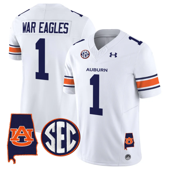 War Eagles Jersey #1 Auburn Tigers 2025 Alabama Patch Stitched White