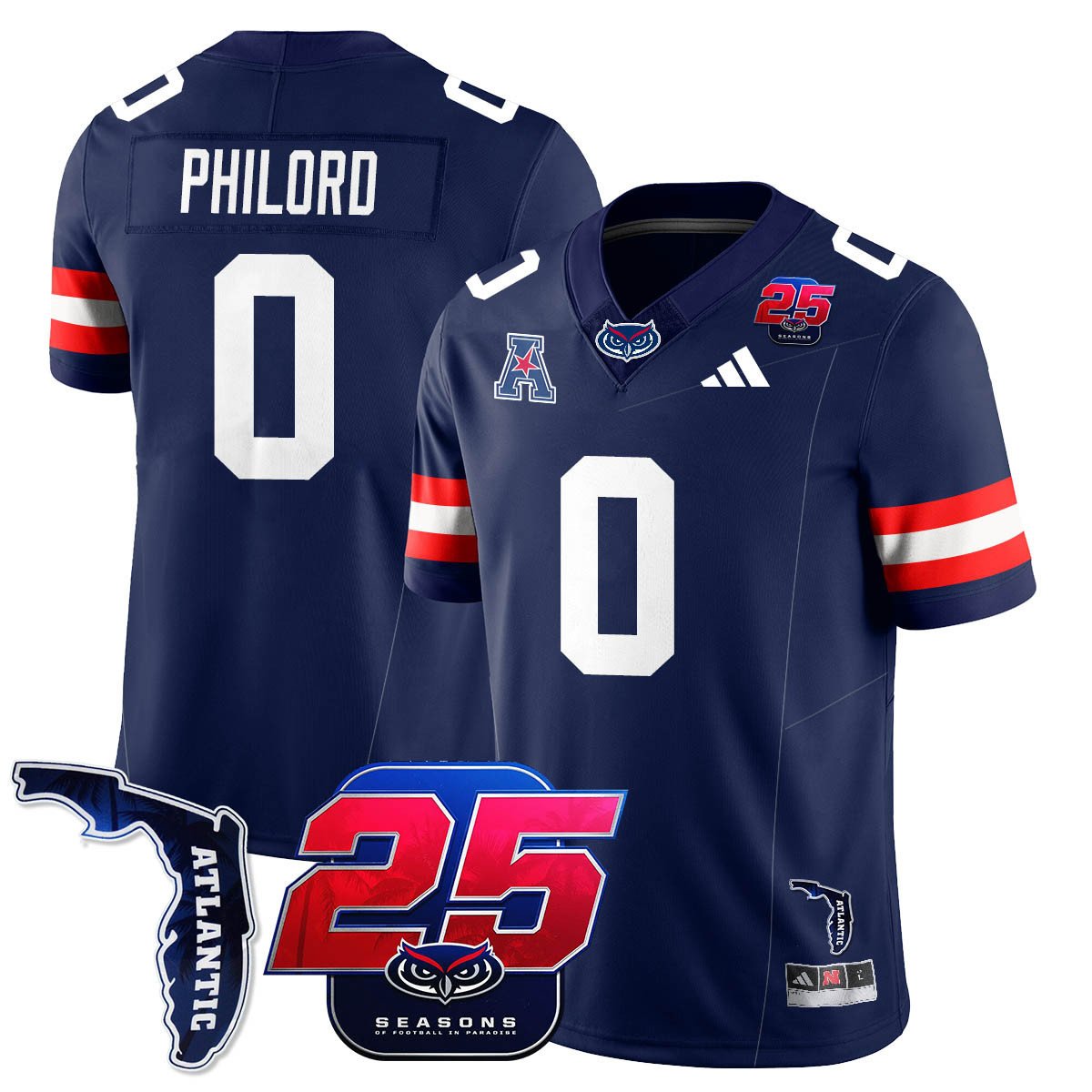 Wendol Philord Jersey #0 Florida Atlantic Football 25th Season Stitched Navy