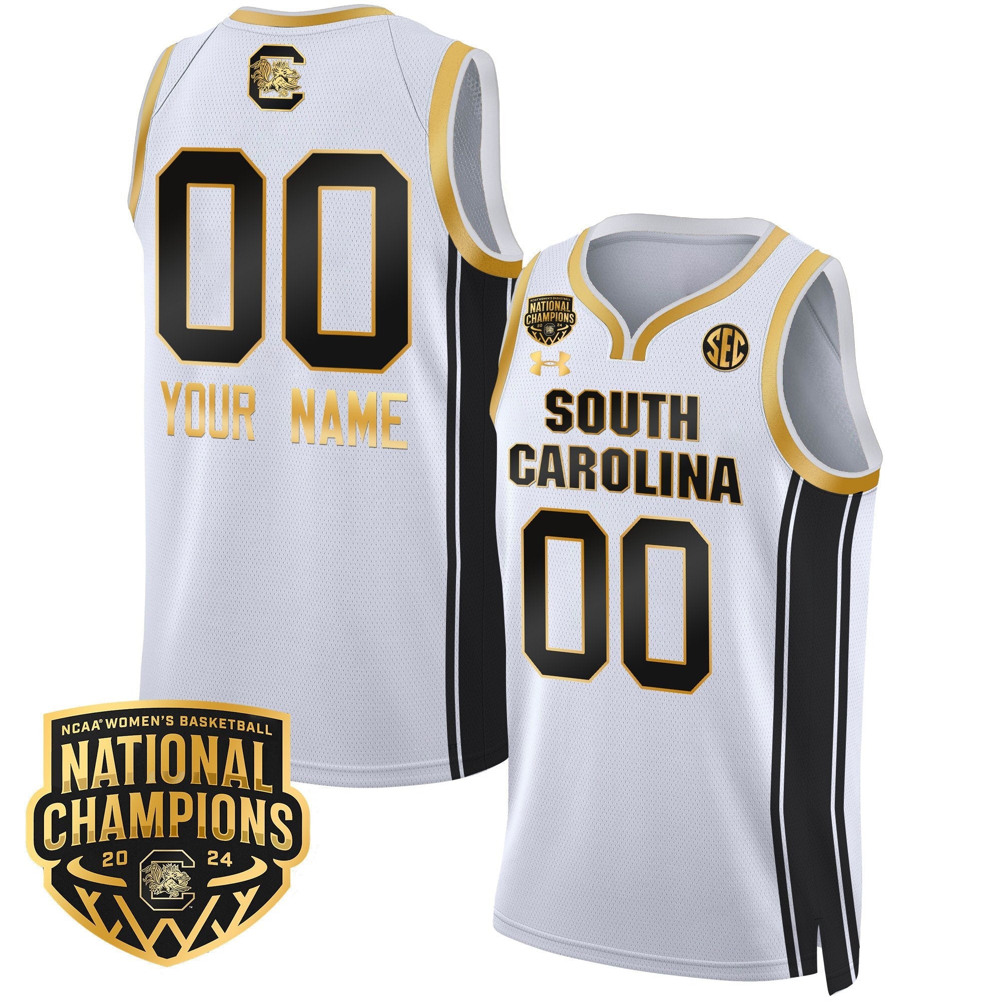 Custom South Carolina Gamecocks Basketball Jersey Name and Number 2024 National Champions All Stitched White Gold