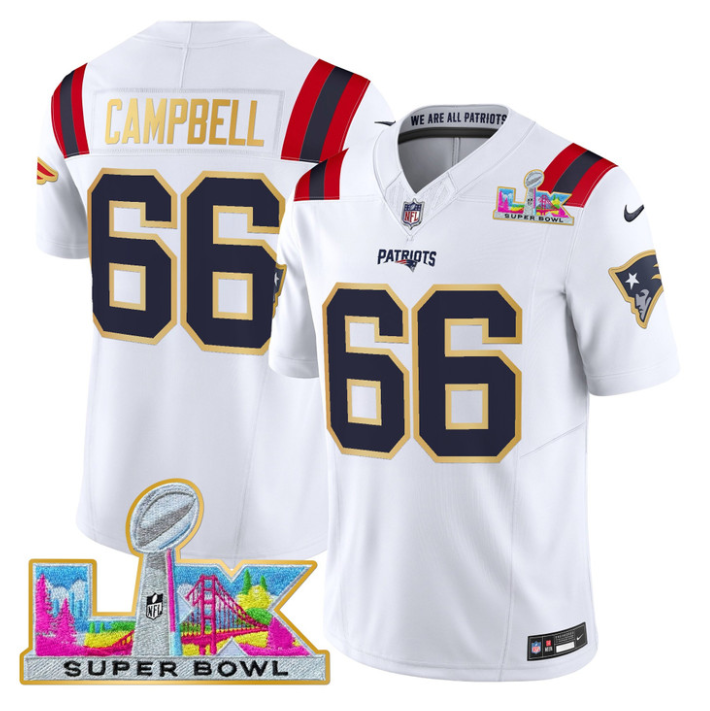 Will Campbell Jersey #66 Patriots Super Bowl LX Gold Trim Stitched