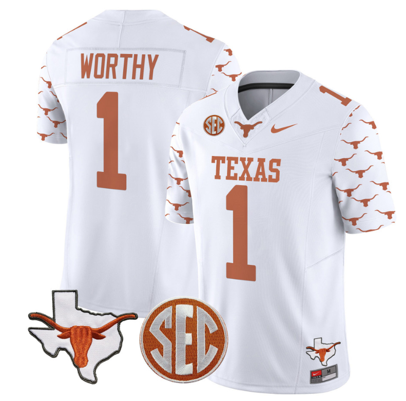 Xavier Worthy Jersey #1 Texas Longhorns State Map and Sec Patch Vapor Limited College Football Stitched White (Copy)