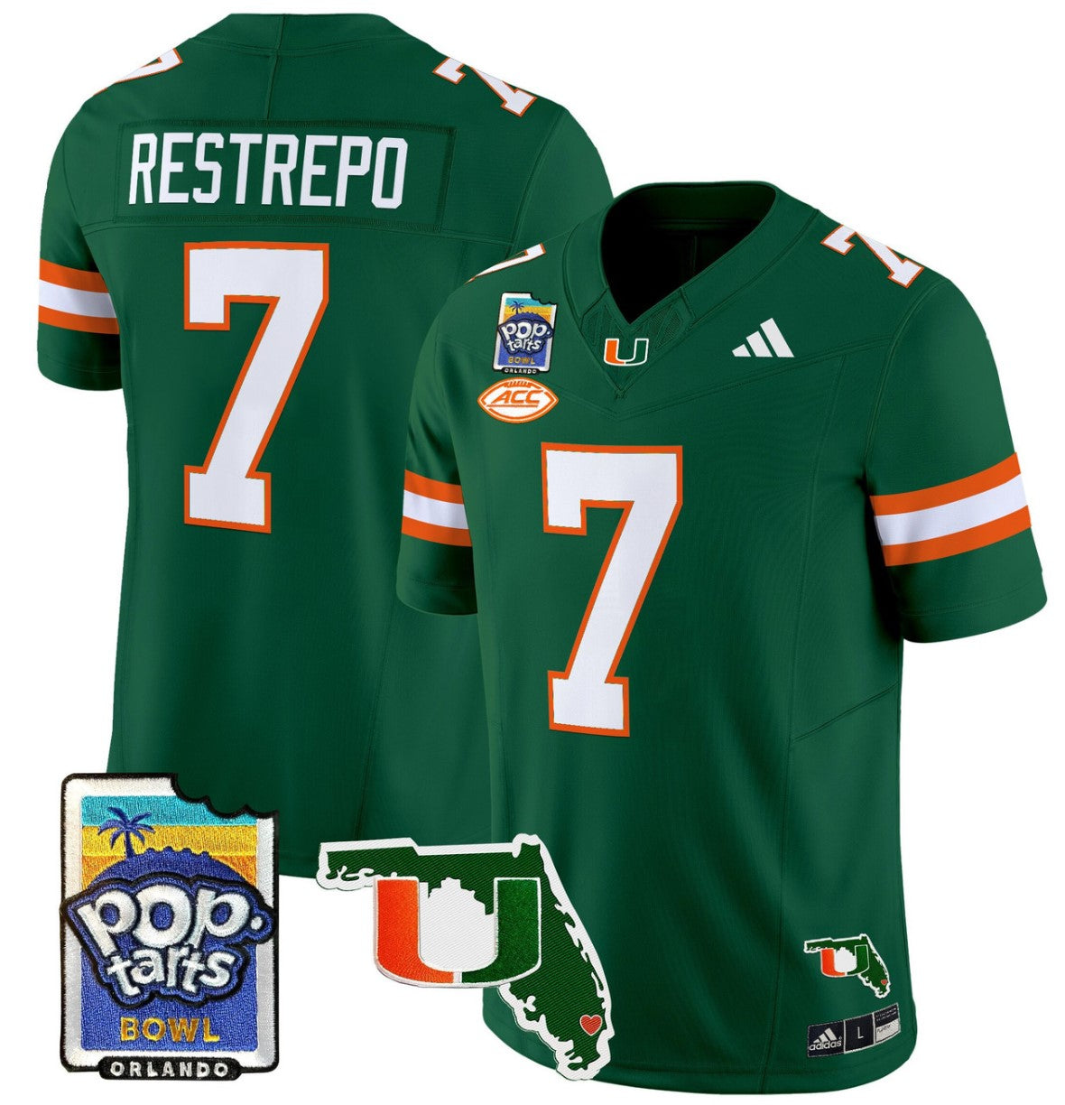 Xavier Restrepo Jersey #7 Miami Hurricanes 2025 PopTarts Bowl Patch Green